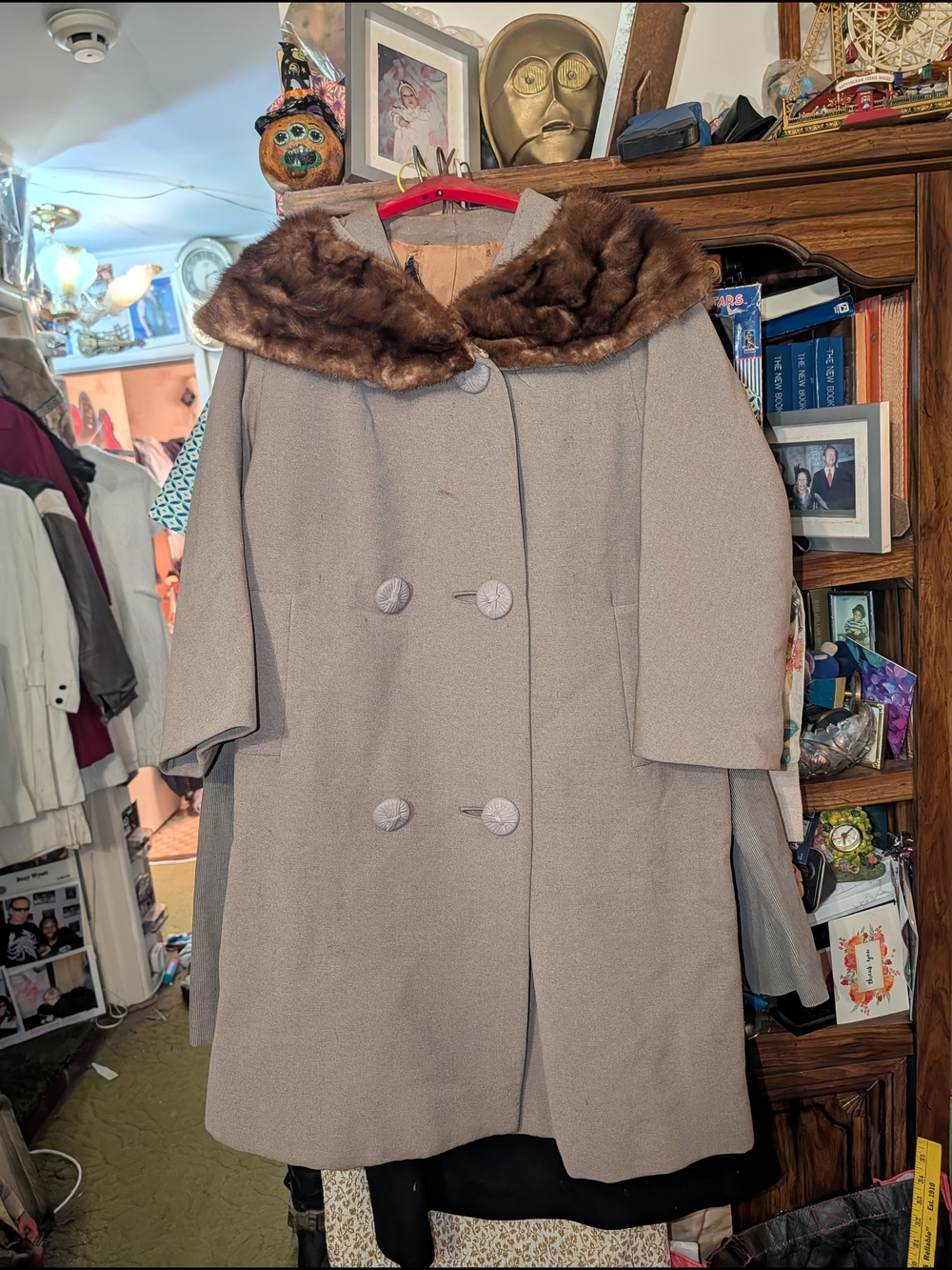 Classic Women's Gray Coat with Brown Faux Fur Collar